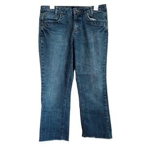 ana dark wash raw hem flare leg mid rise jeans